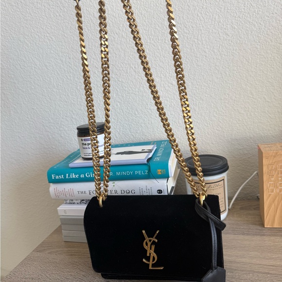 Yves Saint Laurent Black Velvet Crossbody Bag with Gold Accents - Picture 6 of 10